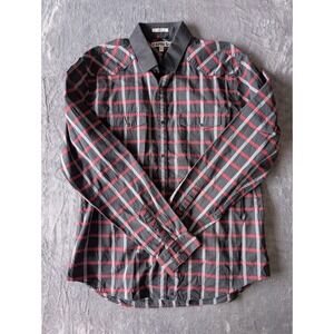 Express Mens Fitted Western Plaid Snap Front Shirt Black Red Grey XL